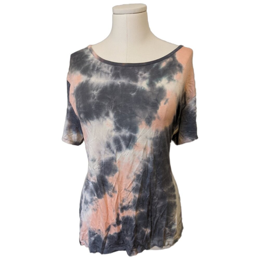 Womens Tie Dye Button Back T-Shirt Gray Pink Short Sleeve Boho Beach Top XL